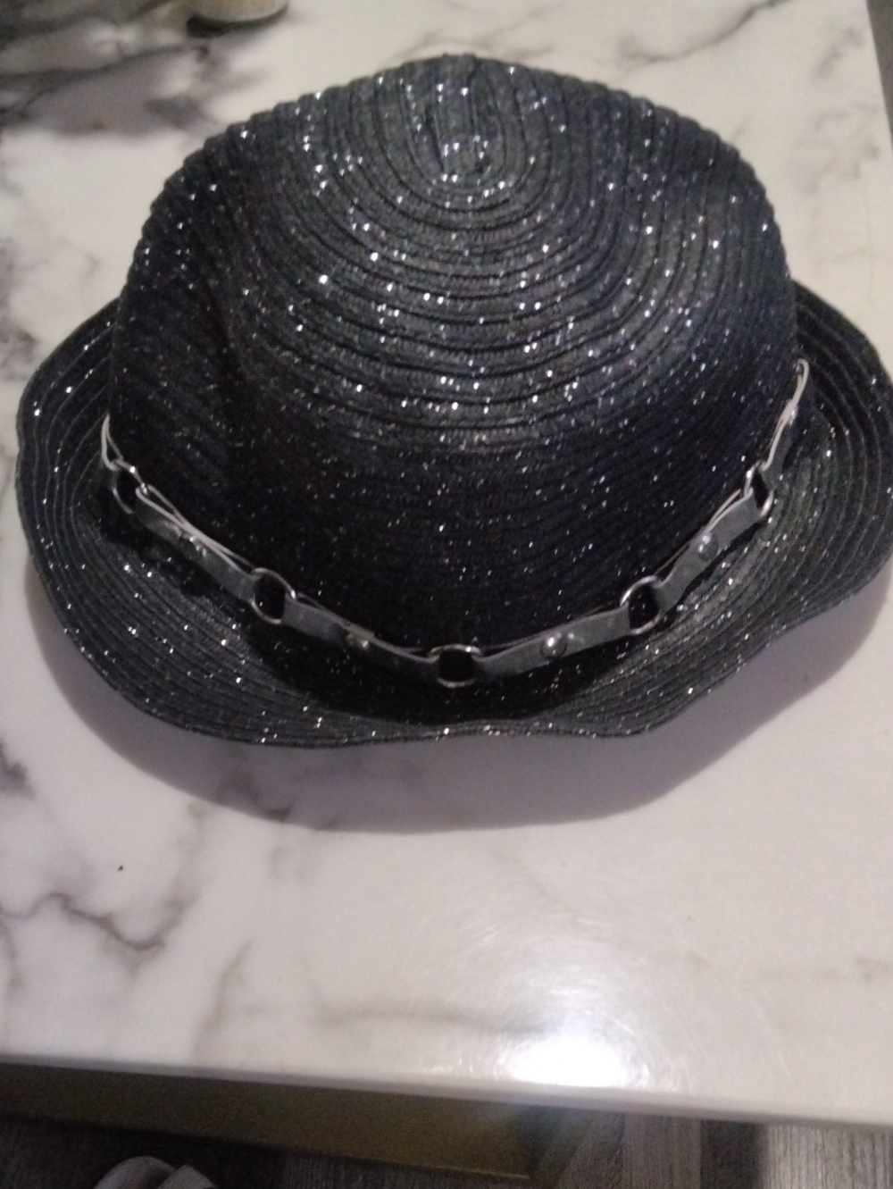 Men's Black Sparkle Fedora with Silver Chain Accent